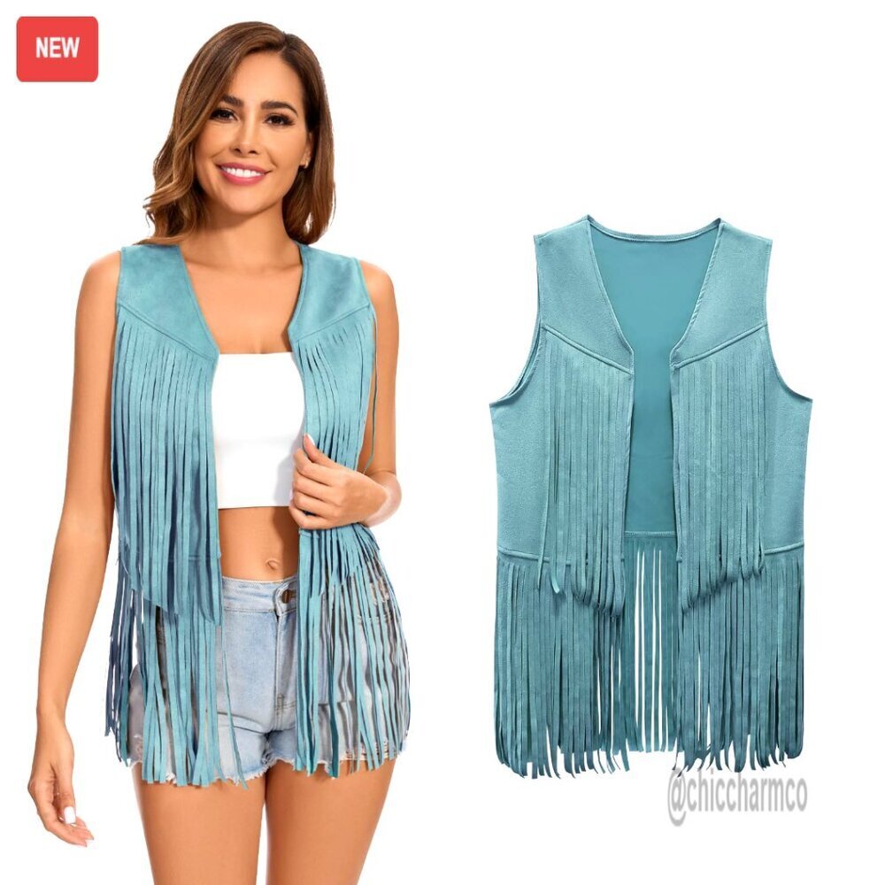 Faux Suede Fringe Vest Sleeveless Western Tassel Jacket Hippie Costume